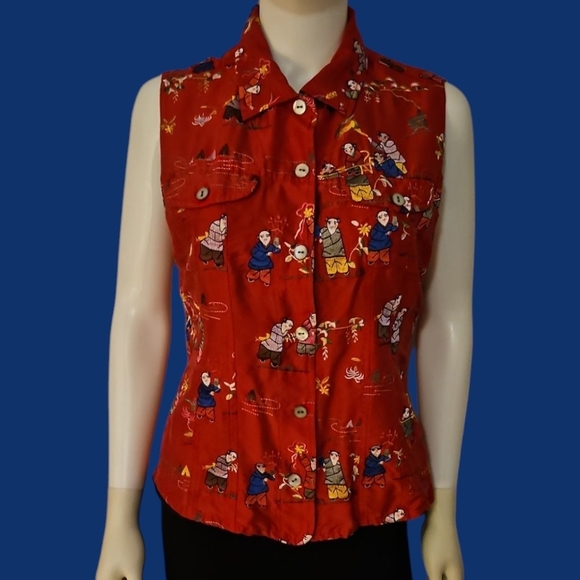 CHICO'S Red Asian Men Embroidered Sleeveless Button Down Silk Shirt - Picture 1 of 7